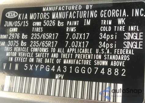 2016 Kia Sorento 2.4L L from USA, damaged, VIN 5XYPG4A31GG074882